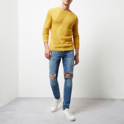 Mustard yellow ribbed panel slim fit jumper